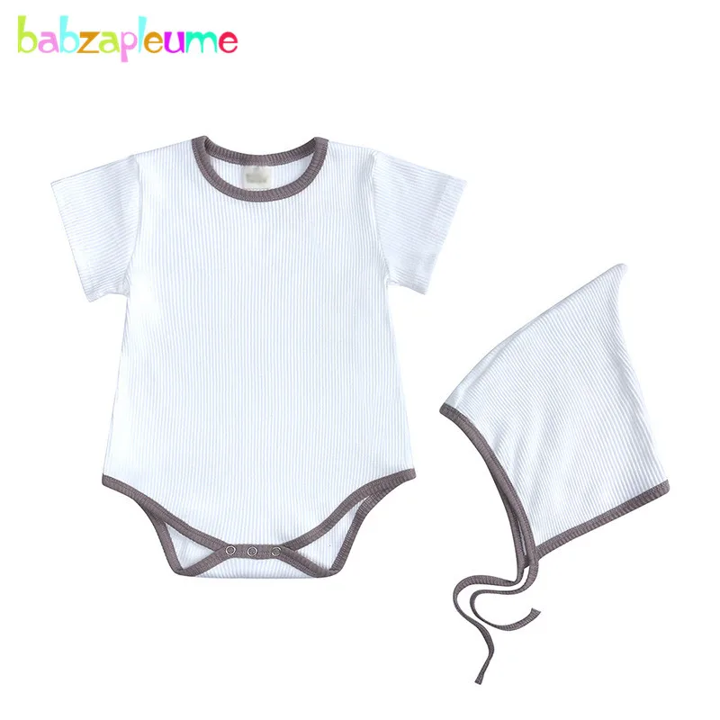 

Summer Jumpsuit Twins Newborn Baby Boys Clothes Solid Cotton Casual Short Sleeve Cute Bodysuit+Hat Infant Clothing Set 1958-1
