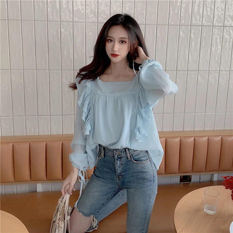 

Women Elegant Shirt 2020 Vintage Ruffles Long Sleeve Tops Sexy Office Lady Blouse Square Collar Autumn Korean Style Femme Blusa