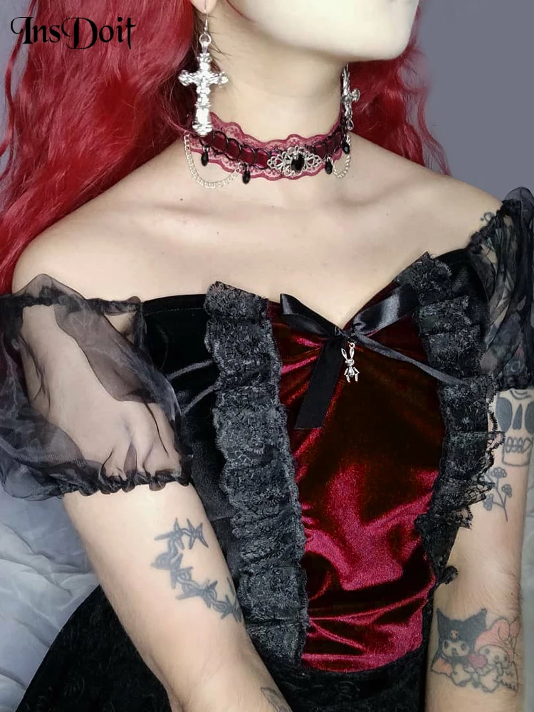 

InsDoit Gothic Velvet Puff Sleeve Black T Shirts Women Vintage Bow Aesthetic Patchwork Crop Top Bodycon Summer E Girl Sexy Tees