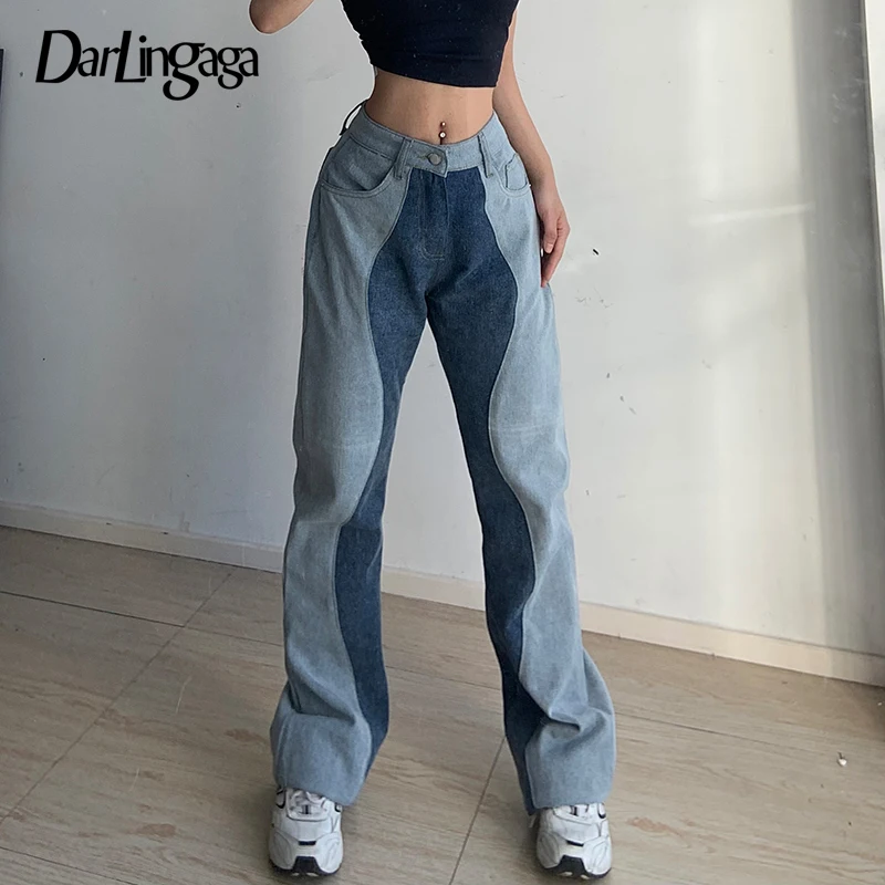 

Darlingaga Vintage Patchwork Straight High Waist Denim Jeans Woman Streetwear Distressed Baggy Pants Contrast Color Korean Capri