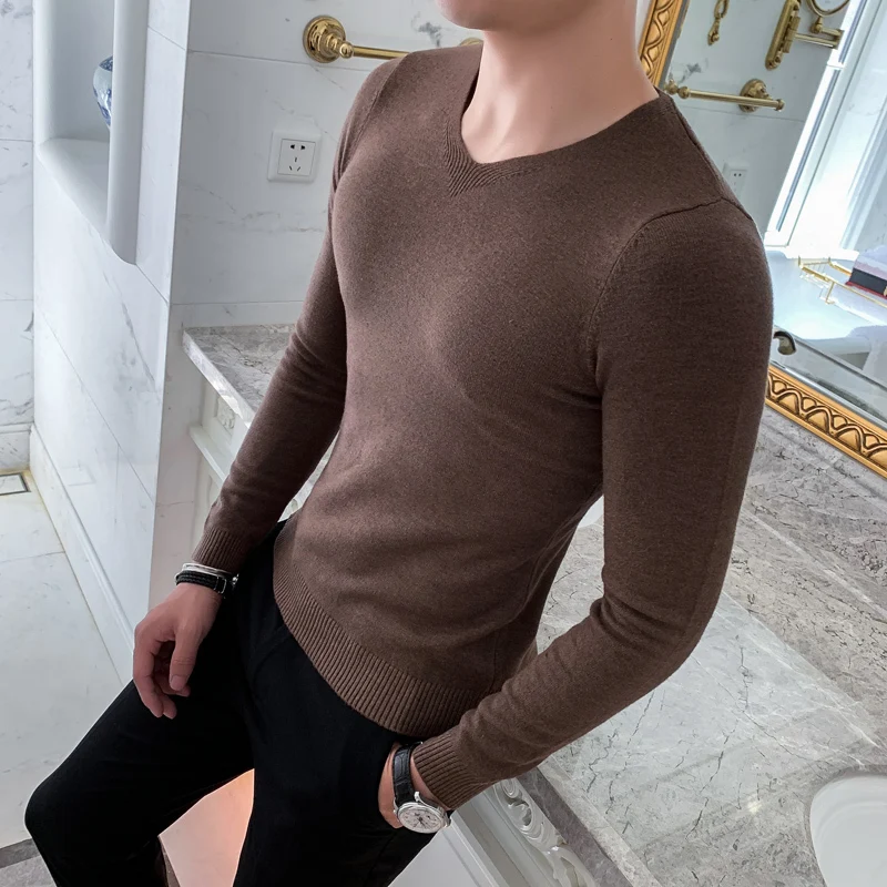 Тонкий свитер Masuclina круглый вырез Pull Homme пуловер для мужчин Корейский мужской модный свитер черный 4 сплошной цвет облегающий свитер для мужчин