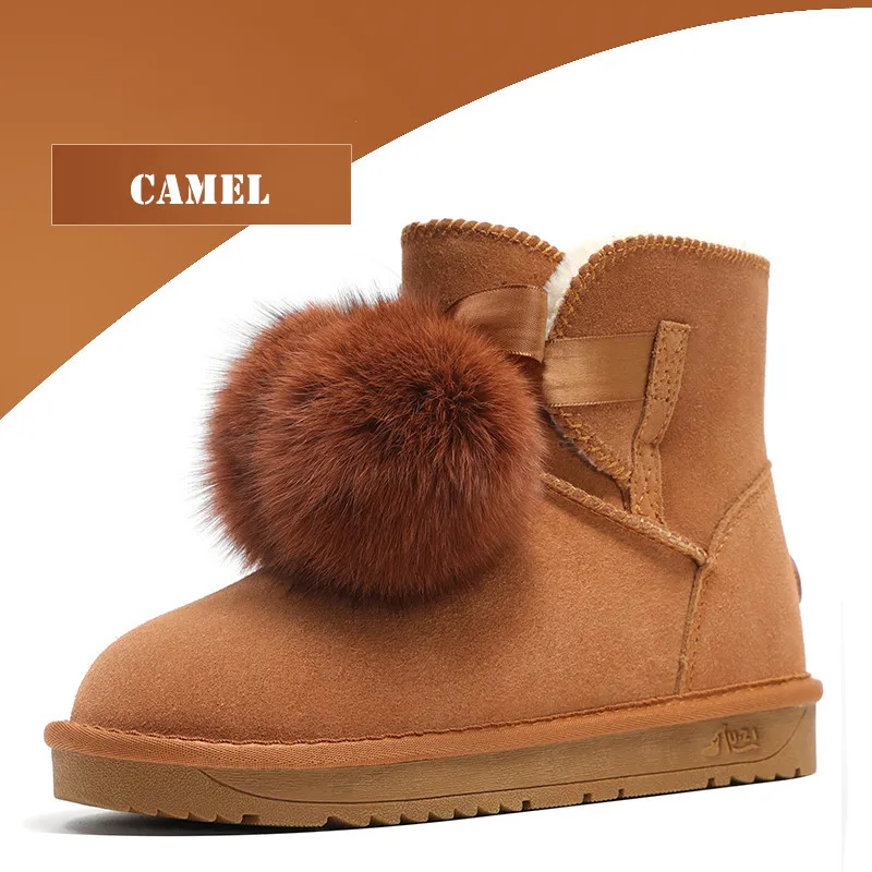 camel Г., зимние сапоги женские винтажные Зимние ботильоны из натуральной замши и плюша с меховыми помпонами Нескользящая водонепроницаемая обувь женские ботинки - Цвет: camel