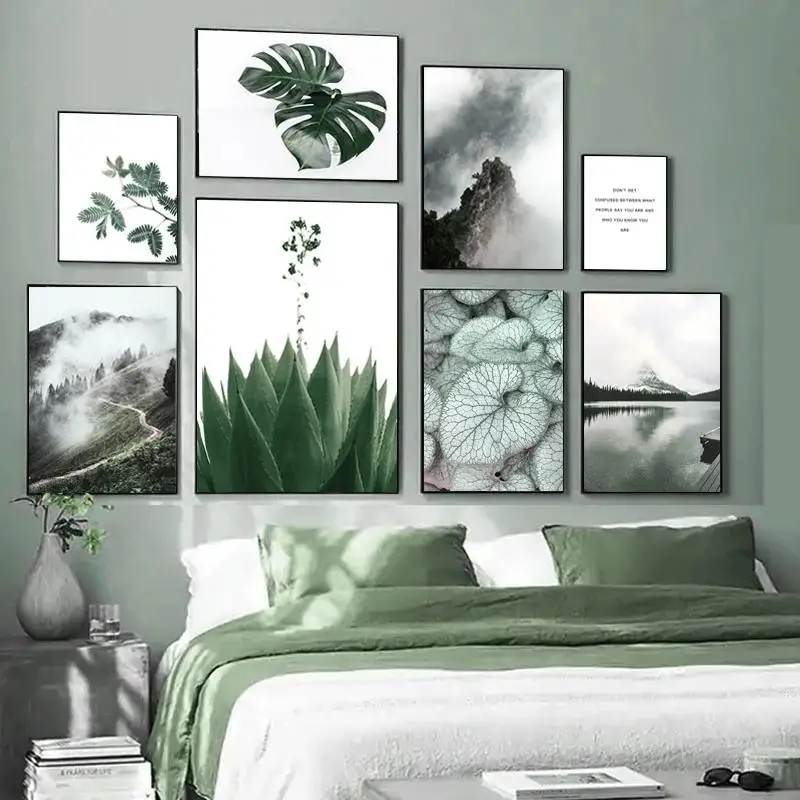 

Modern Poster Nature Mist Landscape Home Decor Living Room Mural Wall Art Canvas Print Green Plant Leaves Scenery Wall Picture