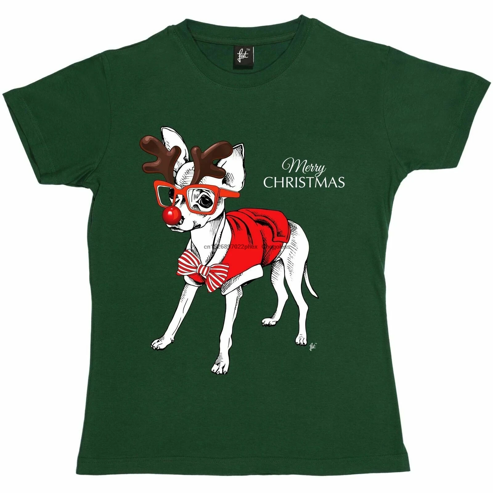 Рождественская футболка чихуахуа с красным носом оленем для женщин |