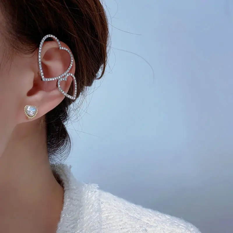 

Geometric Korean Heart Ear Clip Women Helix Cartilage Conch Zircon Fake Piercing Cuff Earring Wrap Earring Wedding Jewelry New