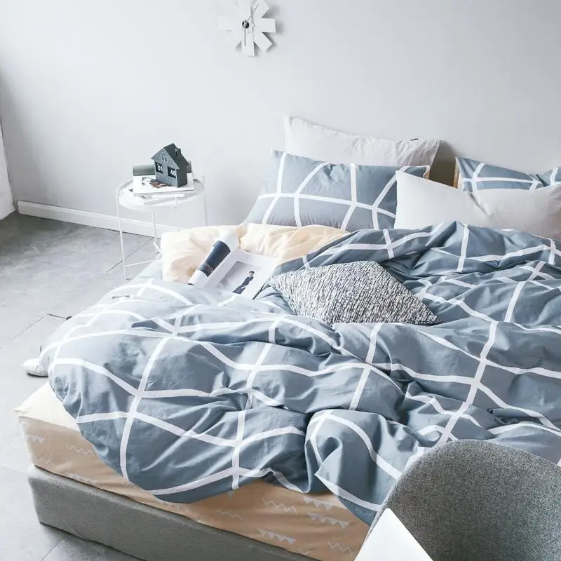 

52 100% cotton The letter printing grid stripes duvet cover pillowcase 3pcs black and white bedding set