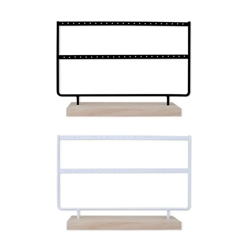

Y1UE 46-hole 2 Layers Metal Jewelry Rack Wooden Black White Ear Studs Earring Storage Display Holder Organizer