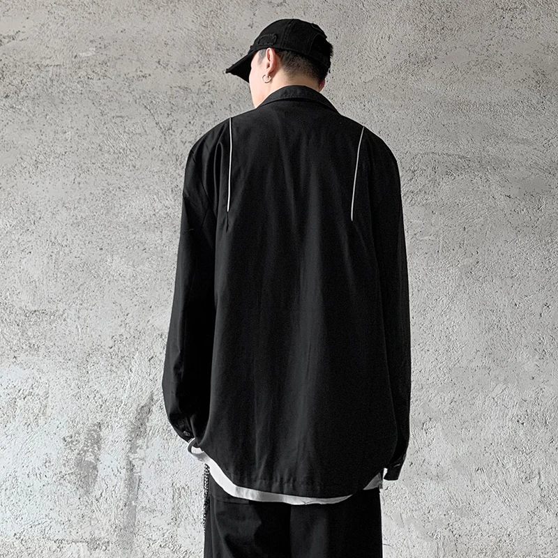 

Harajuku Single Breasted Oversize Suit Mens Autumn V Neck Pockets Reflective Blazer Streetwear Solid Loose Casual Jacket