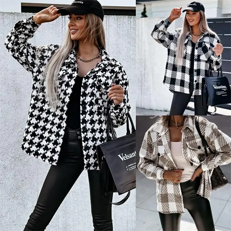 

Casual Woman Loose Houndstooth Shirt Coat 2021 Chic Fashion Ladies Oversized Plaid Jacket Female Streetwear Outwear