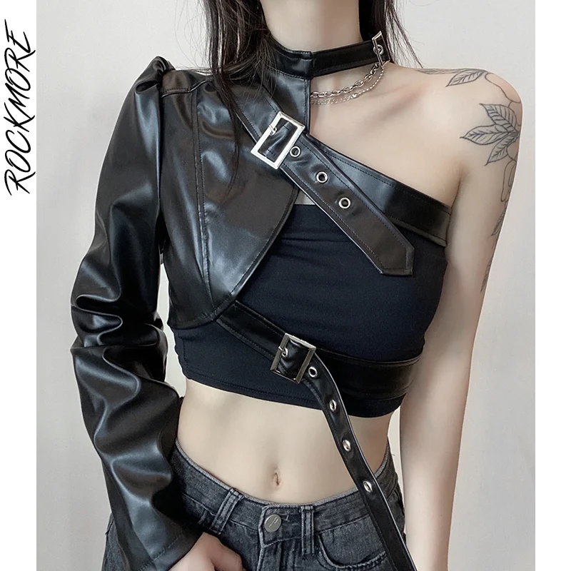 Фото Rockmore панк стиль ПУ кожаный пуловер куртки для женщин одно плечо с открытыми