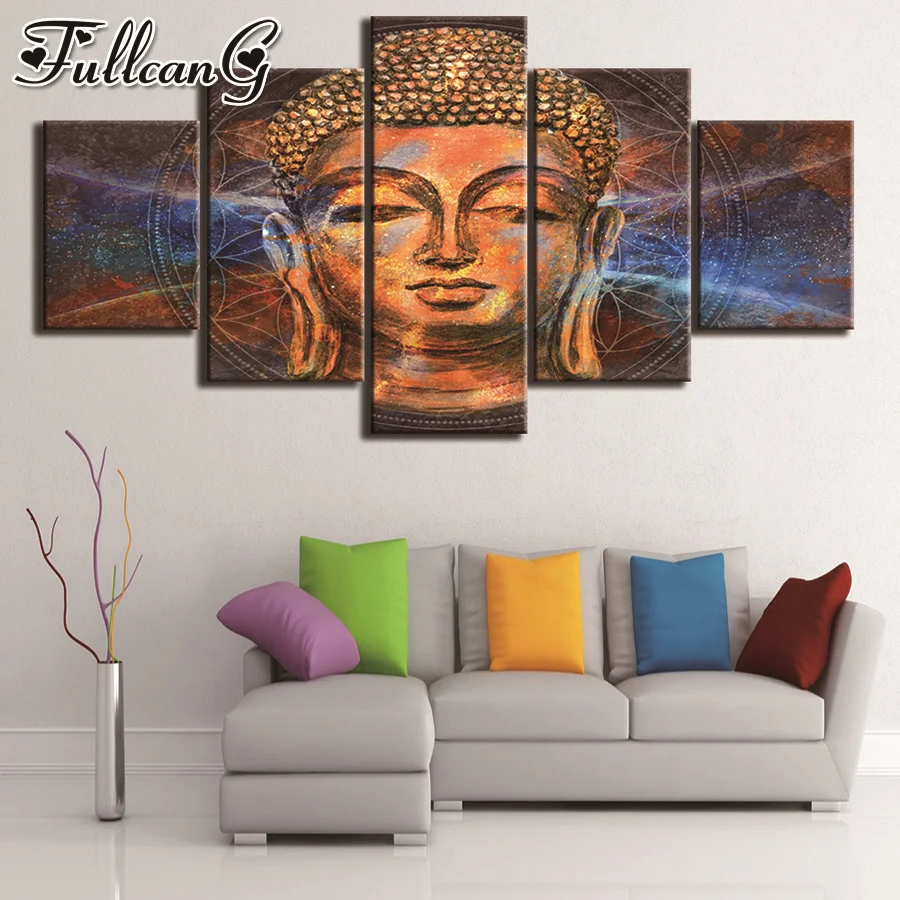 

FULLCANG Abstract golden buddha icon 5 piece diy diamond painting full square round drill mosaic embroidery sale decor FC3091
