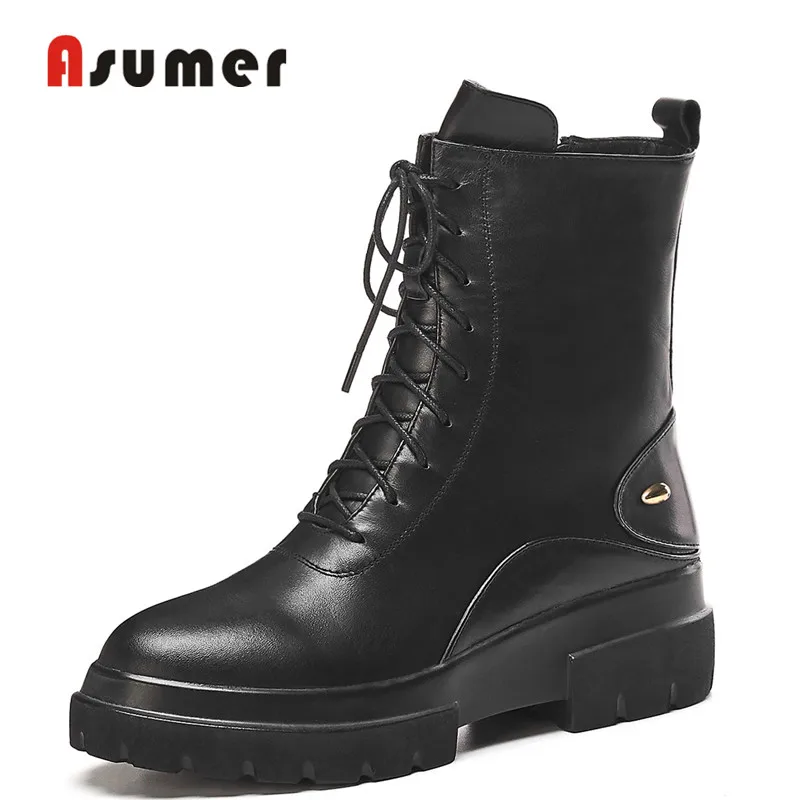 Женские ботильоны на платформе ASUMER черные из натуральной кожи шнуровке уличный