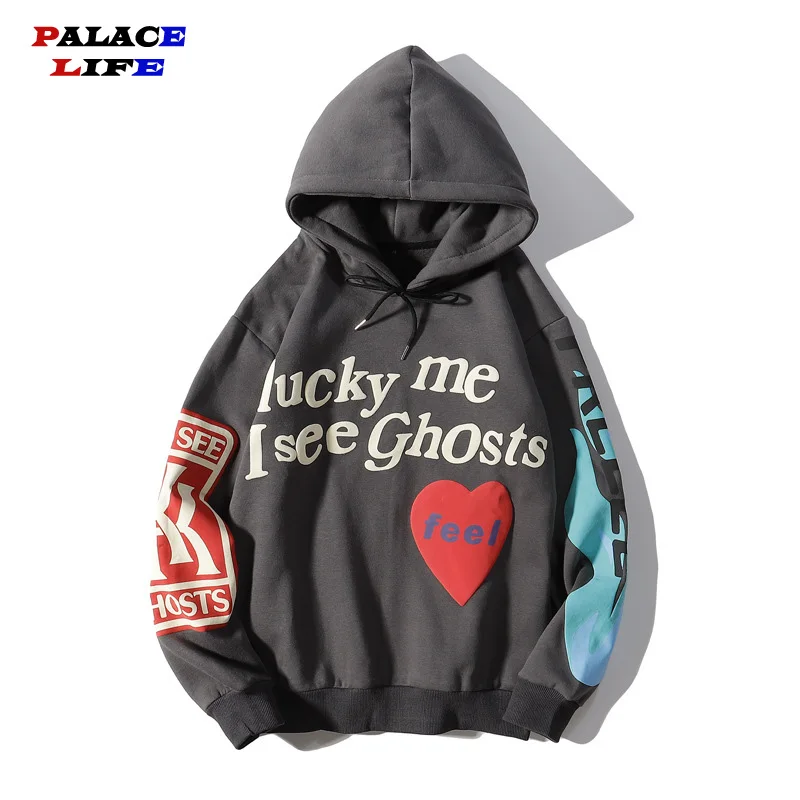 

Lucky me i see Ghosts Graffiti Letter Print Plus Velvet Sweatshirt Men Harajuku Fleece Hoodie Hip Hop Stranger Things Hoodies