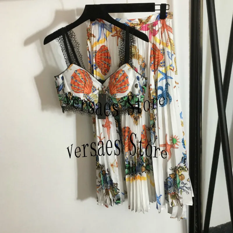 

2021 luxury design starfish print fashion women's temperament set sexy off shoulder suspender Top + high waist half-a skirt