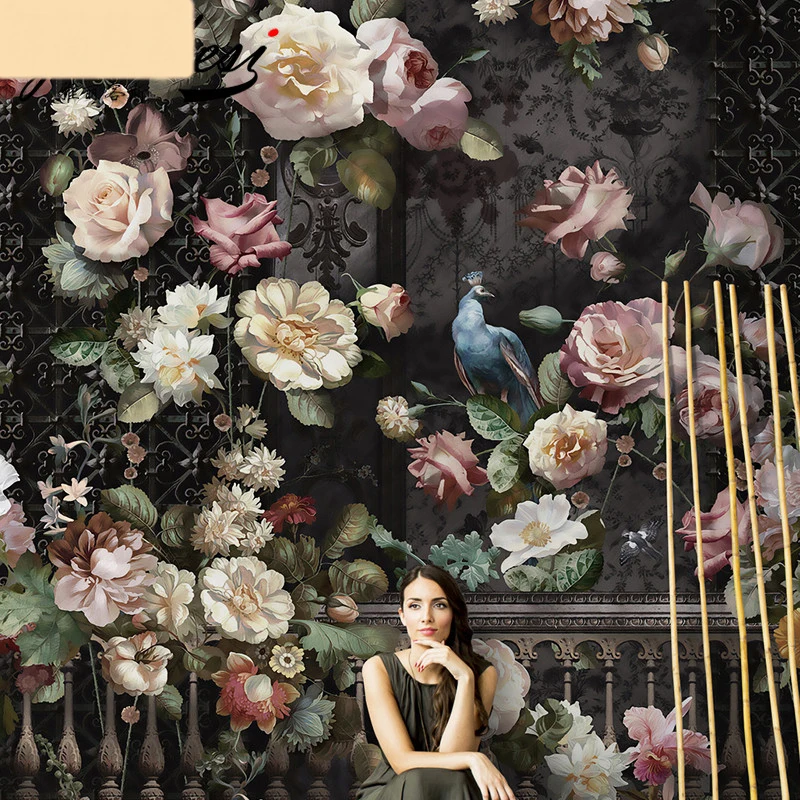 Настенные ретро-обои в скандинавском стиле с ручной росписью темные цветы для