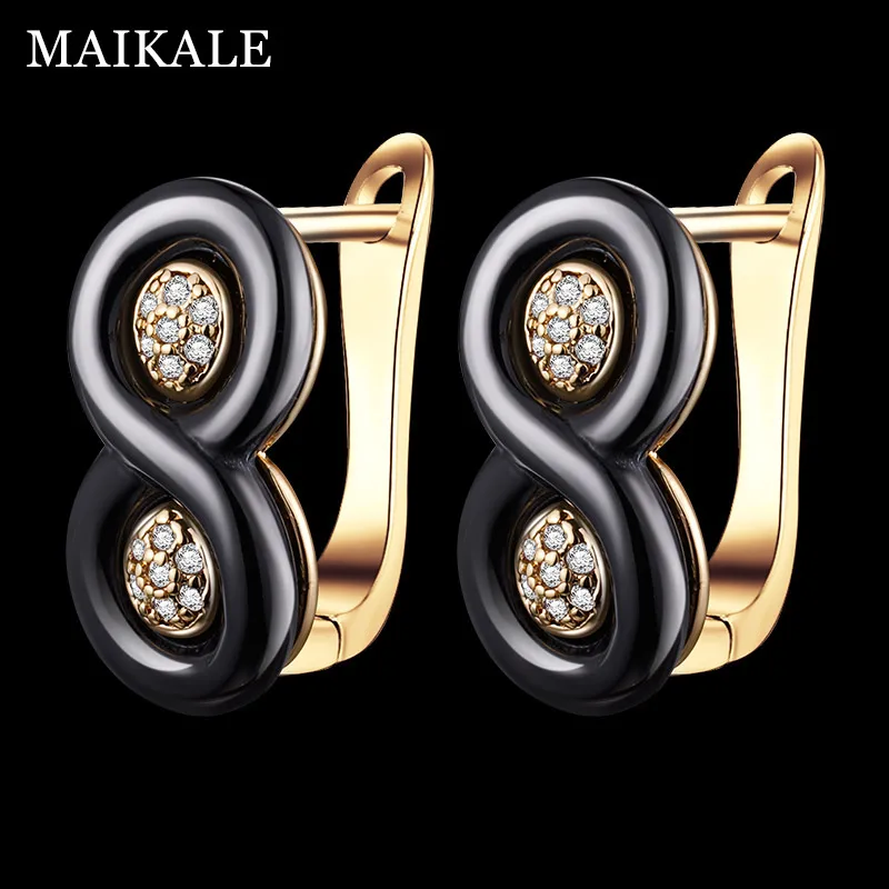 MAIKALE, классические черные серьги-гвоздики из керамики, медь, AAA, фианит, позолота, золотистый, серебристый, простой, корейский стиль, серьги для женщин, подарок