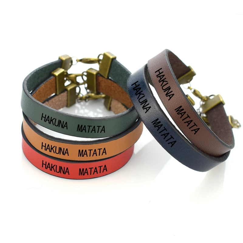 " HAKUNA MATATA " Engraved Leather Bangle Inspirational Quote Bracelet Retro Wax Rope Bracelets for Men for Women Christmas Gift