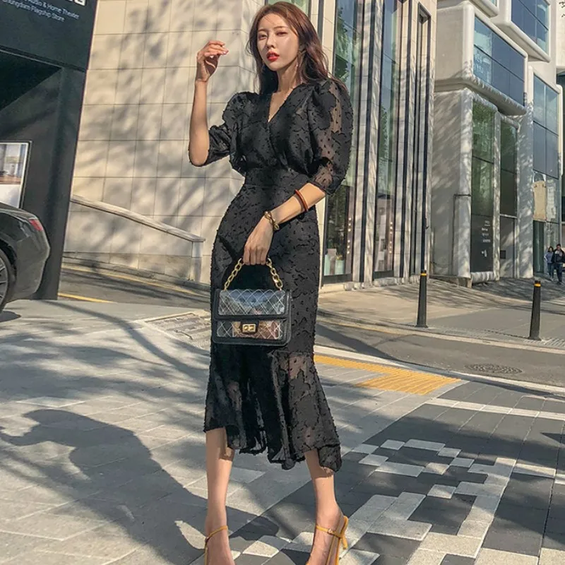 

SMTHMA 2022 Summer Clothing New Style Korean-Style Elegant V-Neck Mock High-Waisted Slim Fit Half-Sleeve Trumpet Mermaid Dress