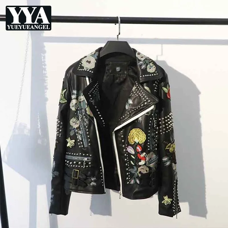 Женская короткая куртка из ПУ кожи с заклепками и вышивкой на молнии|Кожаные