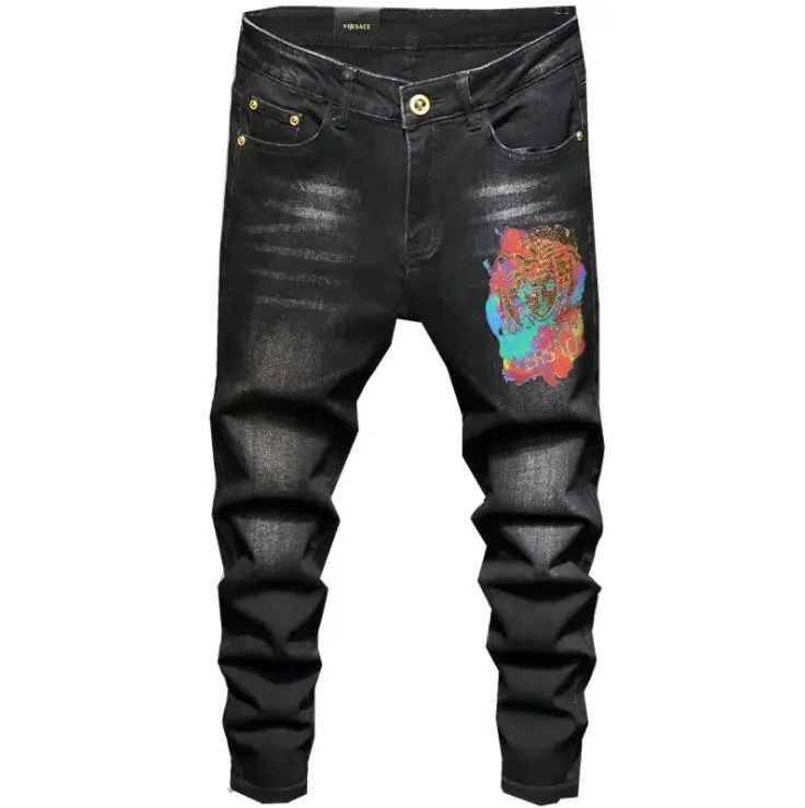 Men's micro-stretch jeans trousers original design New european american embroidered cross medal small straight trendy Pants