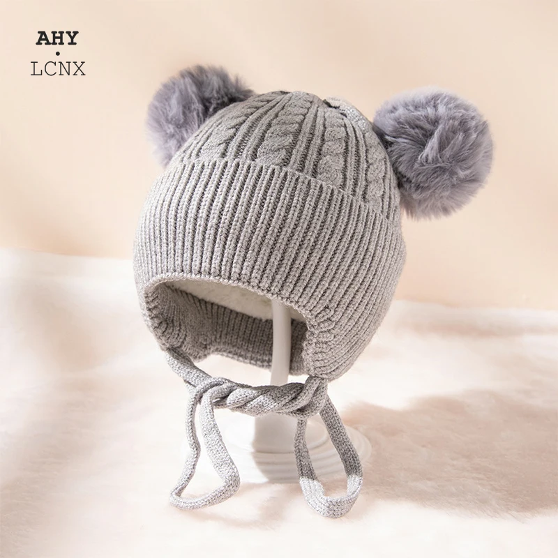

Winter Children New Warm Knitted Hat With Pompom Outdoor Kids Autumn Hats Baby Boys Girls Adjustable Earflap Plush Beanies Cap