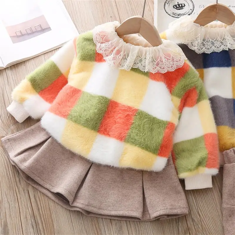 Style 3 Зимний Детский костюм г. Весна-осень, корейский милый кукольный берет для девочек, плюшевая рубашка клетчатая юбка двухкомпонентная Одежда для девочек - Цвет: Style 3
