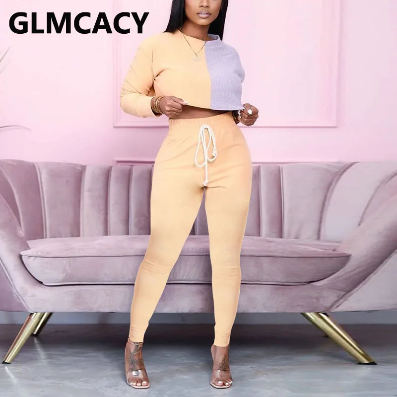 

Women Two Piece Color Block Tracksuits Long Sleeve Crop Top Sweatshirt and Casual Drawstring Pants Set