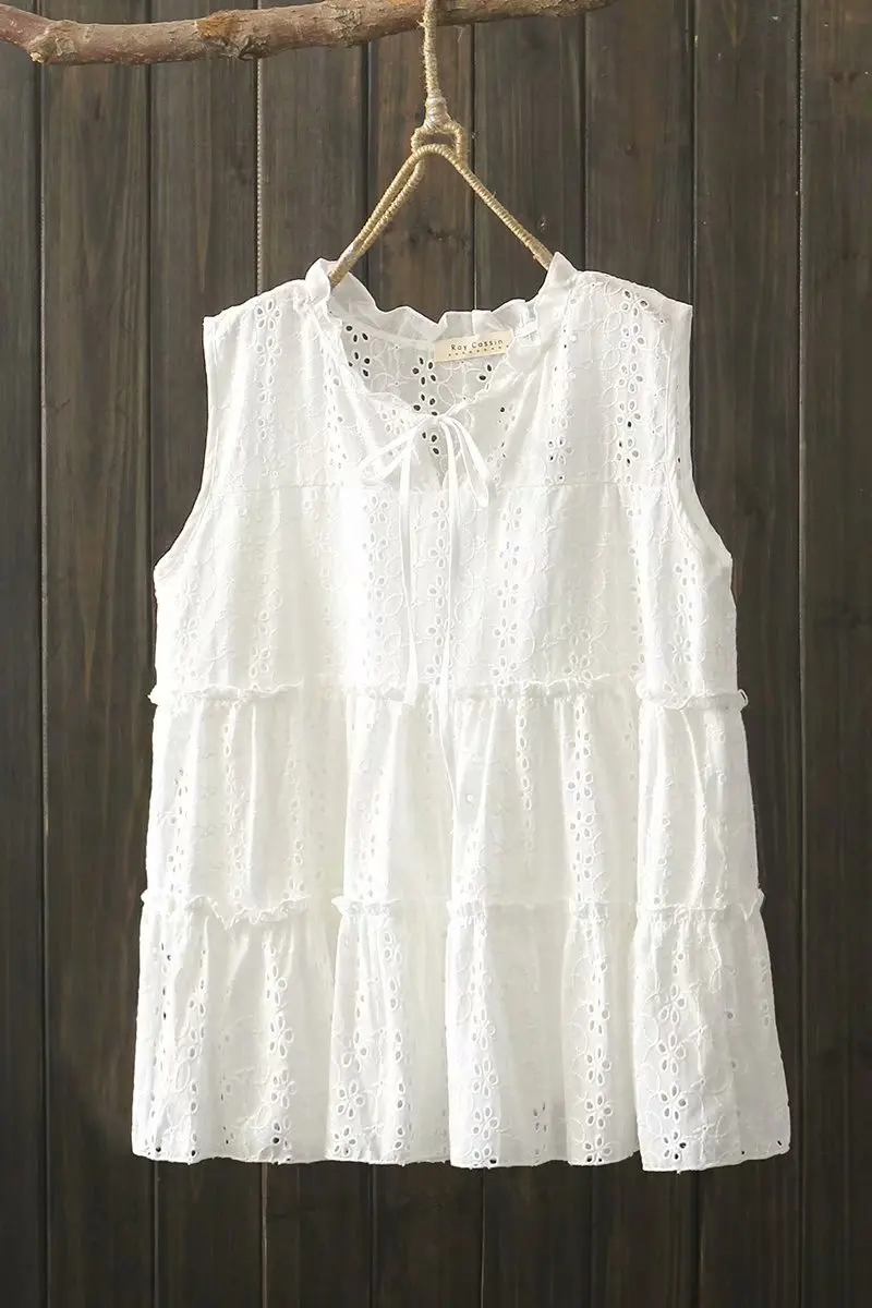 

2021 Summer New Style V-neck Lace-up Cotton Solid Shirt Hollow Out Embroidery Short Vest Sleeveless Women Tops