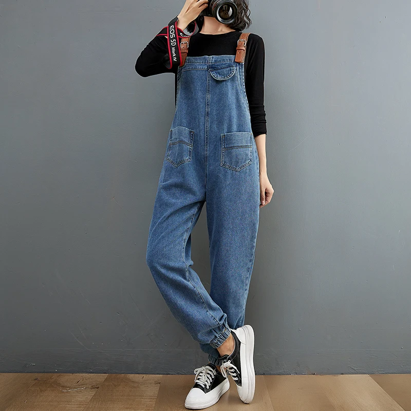 New Autumn Blue Denim Overalls For Women Casual Streetwear Jeans Jumpsuit Loose Wide Leg Straps Baggy Pants Suspender Rompers
