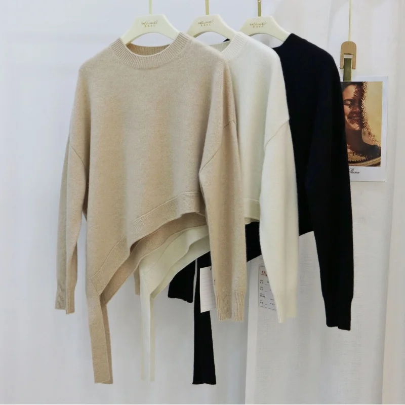

2021Autumn and Winter New round Neck Knitted Korean Style Loose and Irregular Ribbon Design Pure Cashmere Pullover for Women