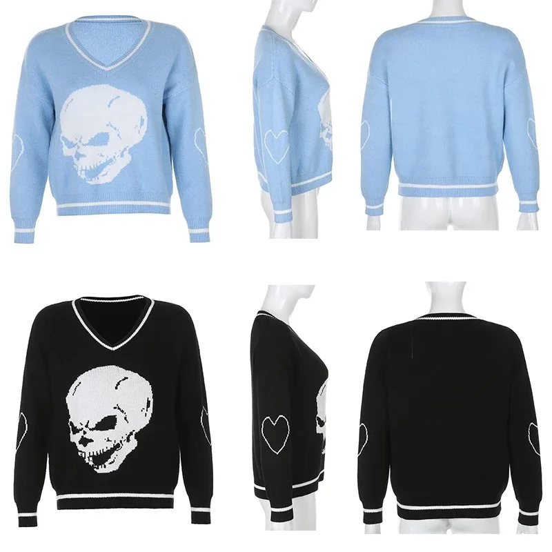 

Women Skull Print Sweater Autumn Winter Harajuku V Neck Loose Knit Sweater Y2K Chic Streetwear Female Casaul Pullovers Top 2021