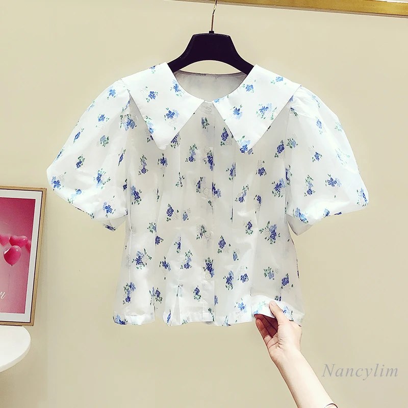 

Blouse Woman 2021 Summer New Doll Collar Embroidery Floral Shirt Short Puff Sleeve Waist-Controlled Cropped Blusas Lady Top
