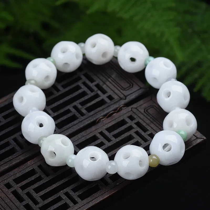 

Natural Myanmar jadeite handcarved hollow out beads bracelets beads for couples women men beads bracelet with jade bracelet