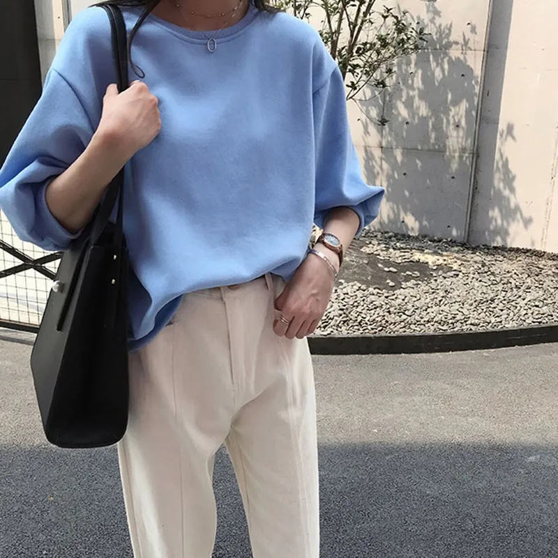 

Women Candy Color Sweatshirt Three Quarter Sleeve Lazy Style O-neck Casual Solid Color Sweatshirt Without Hoodie