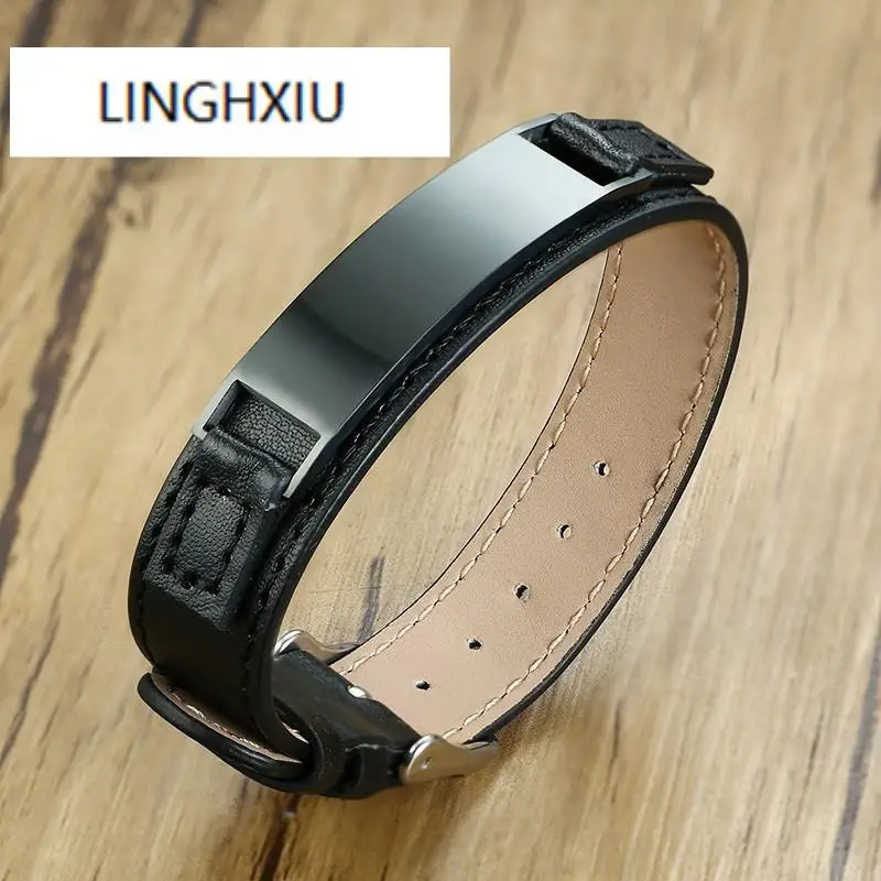 

Custom Mens Bracelets 99% Black Genuine Leather Wristbands Lingxiu Stainless Steel ID Tag Male Boyfriend Gifts