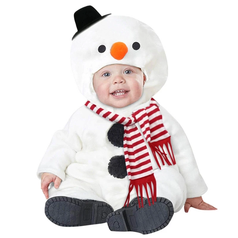 

6-12Months Toddler Newborn Kid Baby Boy Girl Christmas Snowman Romper Scarf Plush Long Sleeve Jumpsuit Neckerchief Warm