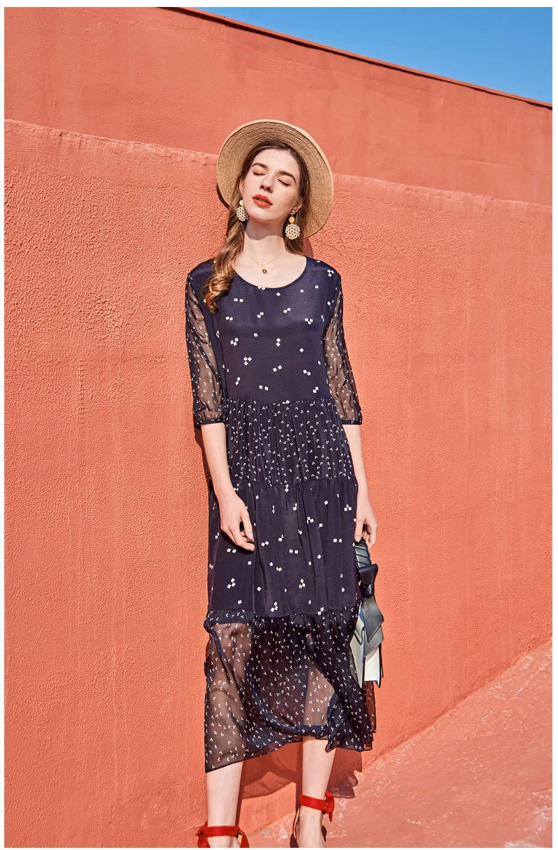 

100% Silk Dresses O Neck 3/4 Sleeves Ruffles Tiered Printed Loose Design Fashion Casual Mid Calf Holiday Dresses