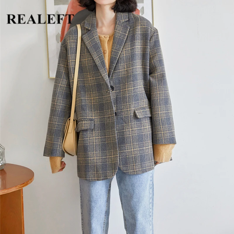 

REALEFT 2020 Autumn Winter Vintage Plaid Single Breasted Woolen Blazer Long Sleeve Turn Down Collar Women's Coat Jacket Female