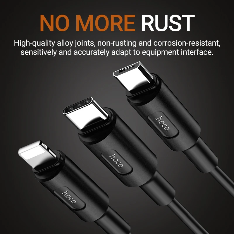 hoco usb 3 в 1 зарядный кабель для Lightning Type C Micro USB 1м ток 2A прочный зарядник юсб провод