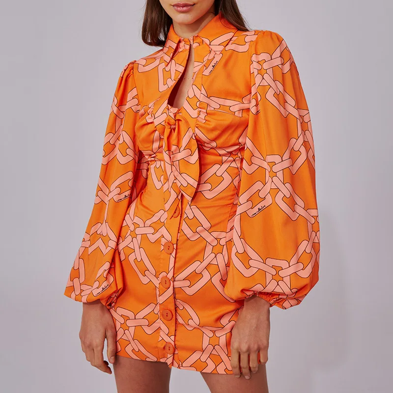 Женское ажурное платье с принтом отложным воротником рукавами фонариками