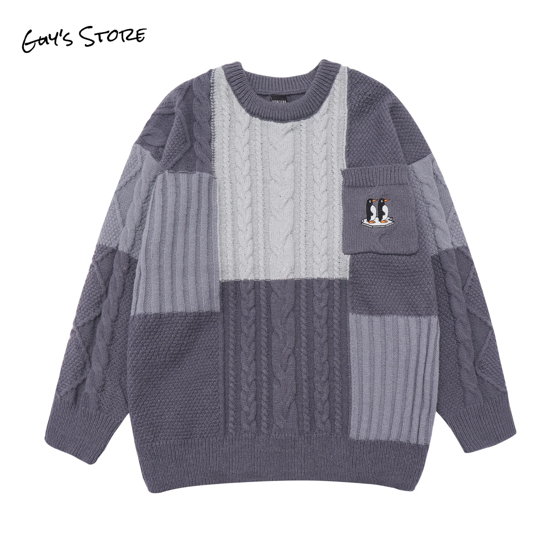 

Fall new men's hemp pattern penguin pocket color-blocking sweater, casual loose Harajuku couple round neck knitted sweater