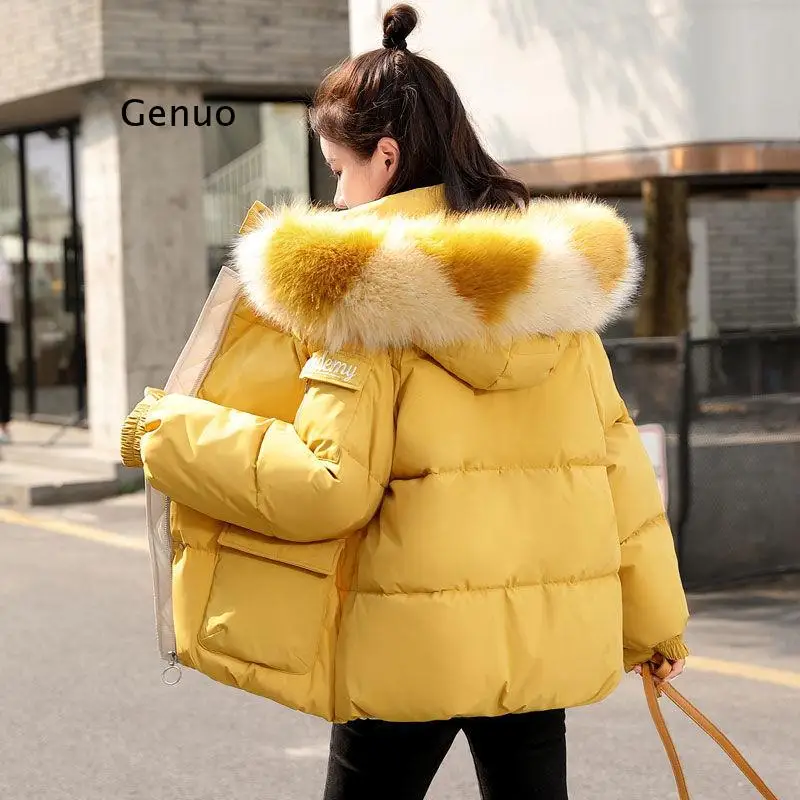 Winter 2021 Down Padded Jacket New Women's Loose Coat Cotton-Padded Outwear Short Overcoat Hooded Big Fur Collar Female Tops