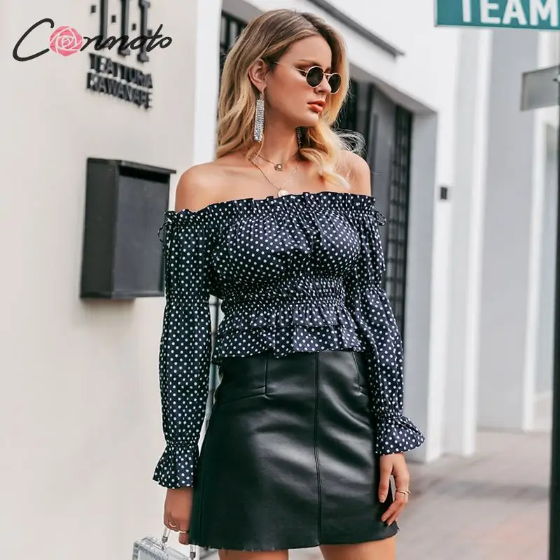 Conmoto летние сексуальные топы с открытыми плечами и рюшами женская блузка рукавом