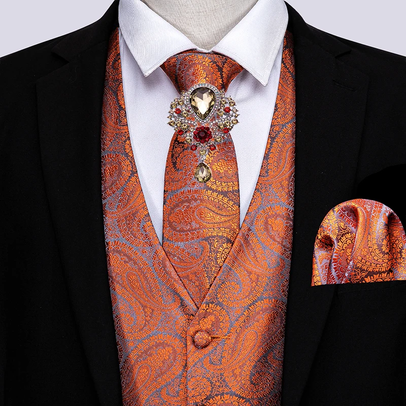 Barry.Wang Orange Floral Waistcoat for Men Slim Suit Vest Silk Vest Necktie Set Handkerchief Cufflinks Formal Vest for Business (0)