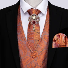 Barry.Wang – gilet à fleurs Orange pour hommes, costume Slim, gilet en soie, ensemble cravate, mouchoir, boutons de manchette, gilet formel pour les affaires  (2)