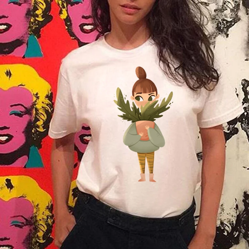 

2021 Women Summer New Arrival Girl with A Plant Loose T-shirt Harajuku Fashion Short Sleeve Aesthetic Streetwear Female Clothes
