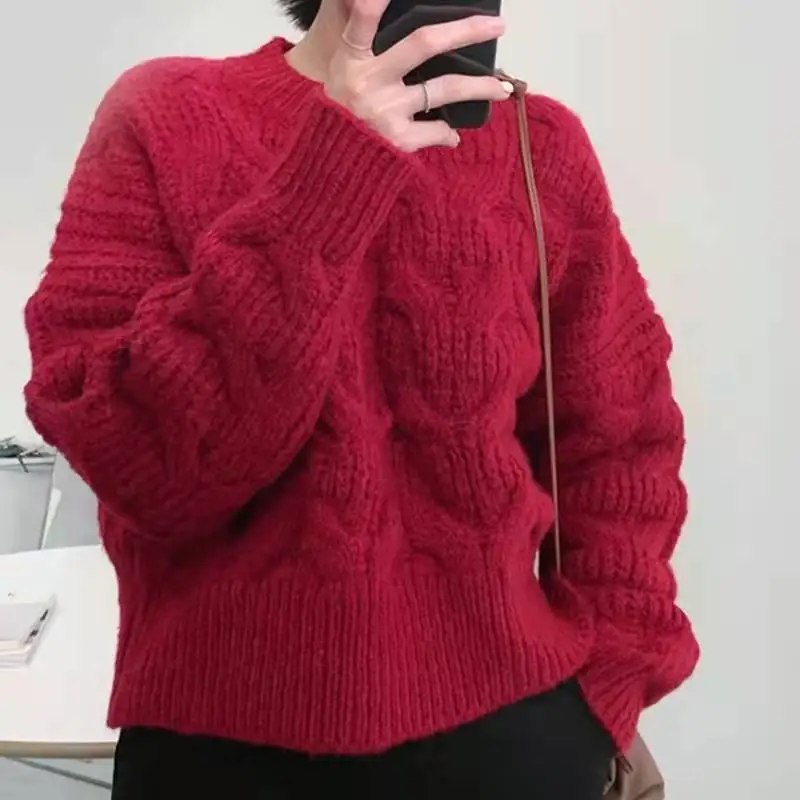 

Новинка 2021, корейский осенне-зимний свободный универсальный модный теплый свитер с фиолетовым узором из конопли, женский свитер