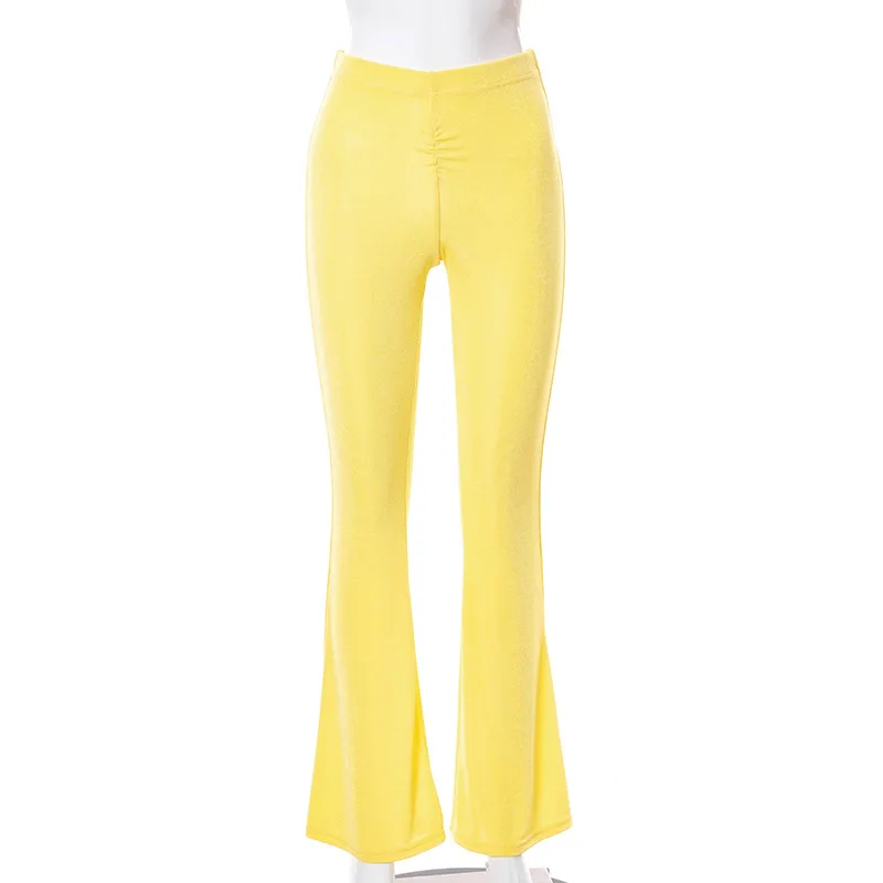 

ALLNeon Harajuku Summer High Waist Flare Pants Y2K Streetwear Basic Full Length Yellow Trousers Vintage 90s Pants Casual Outfits