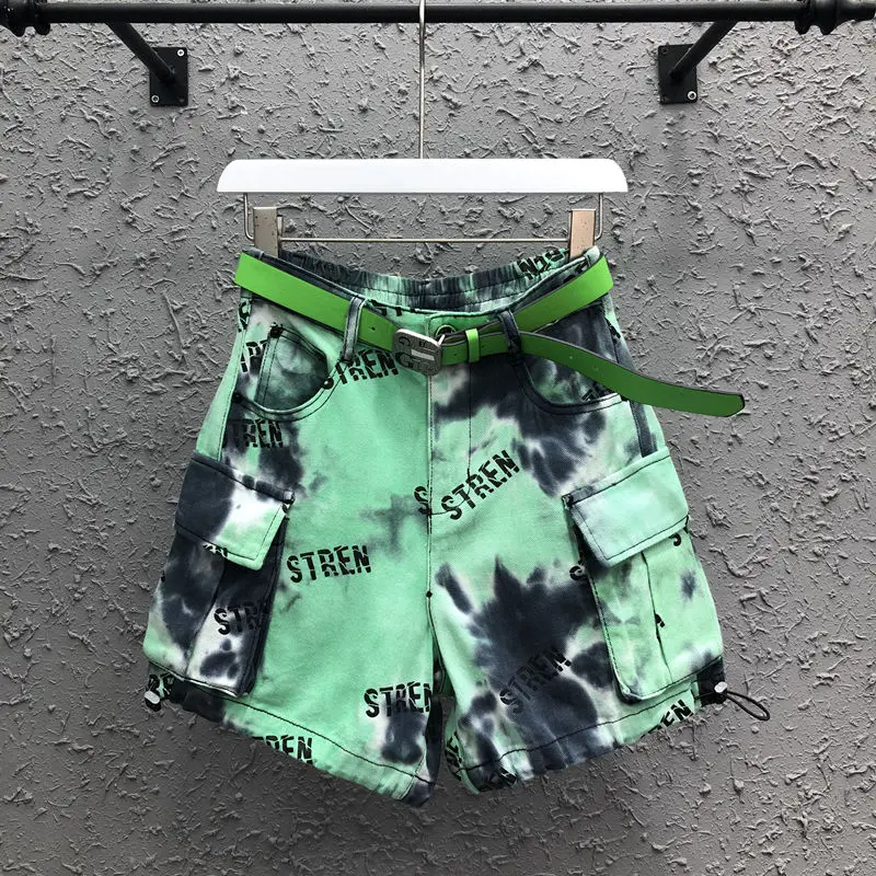 

Casual Workwear Denim Shorts Female 2021 New Summer High Waist Tie Dye Letter Big Pocket Loose Wide Leg Green Short Jean Casaul