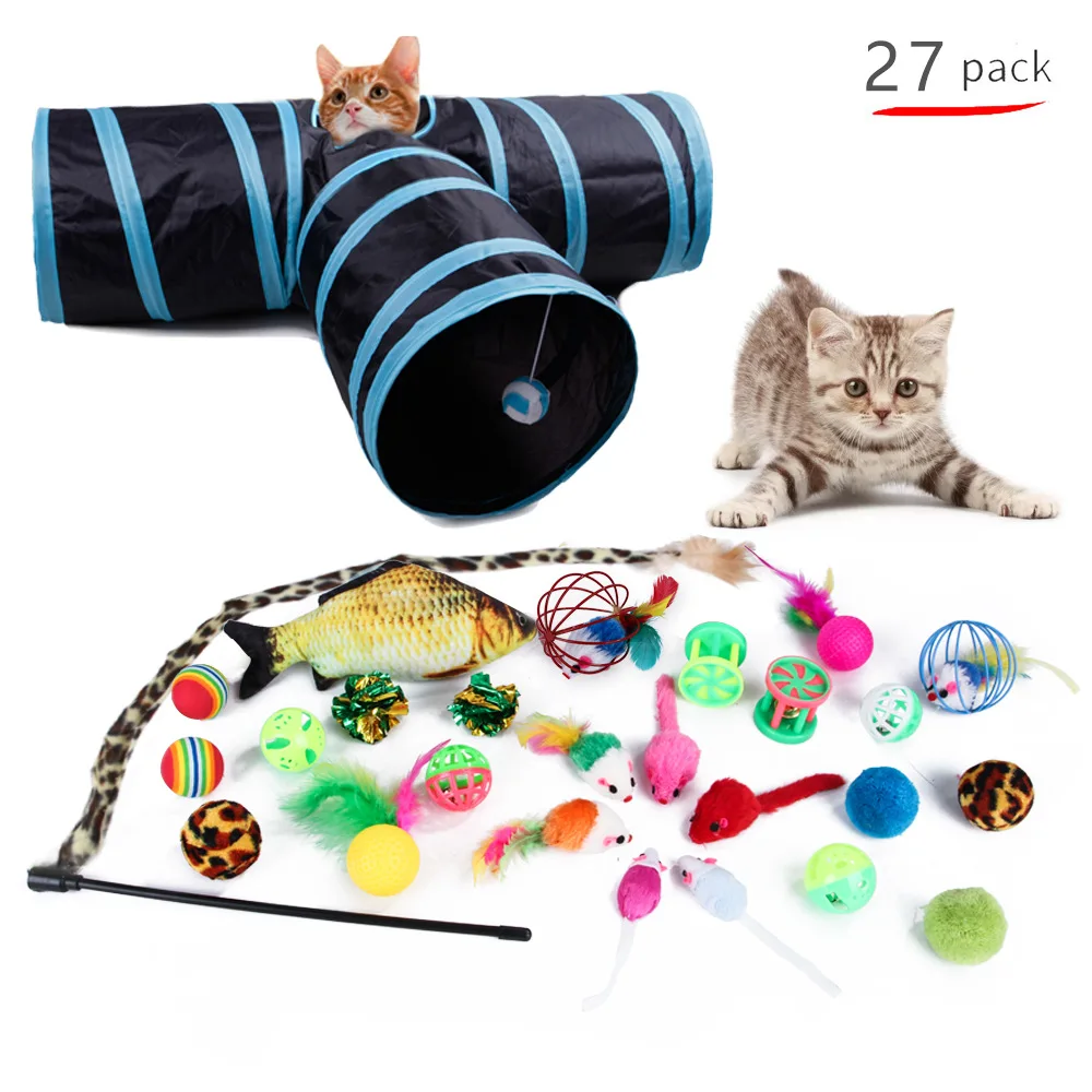 

27 Pcs Cat Toys Kit Collapsible Tunnel 3 Holes Indoor Kitten Cat Feather Teaser Wand Mice Balls Bell Pet Teeth Clean Fun Channel